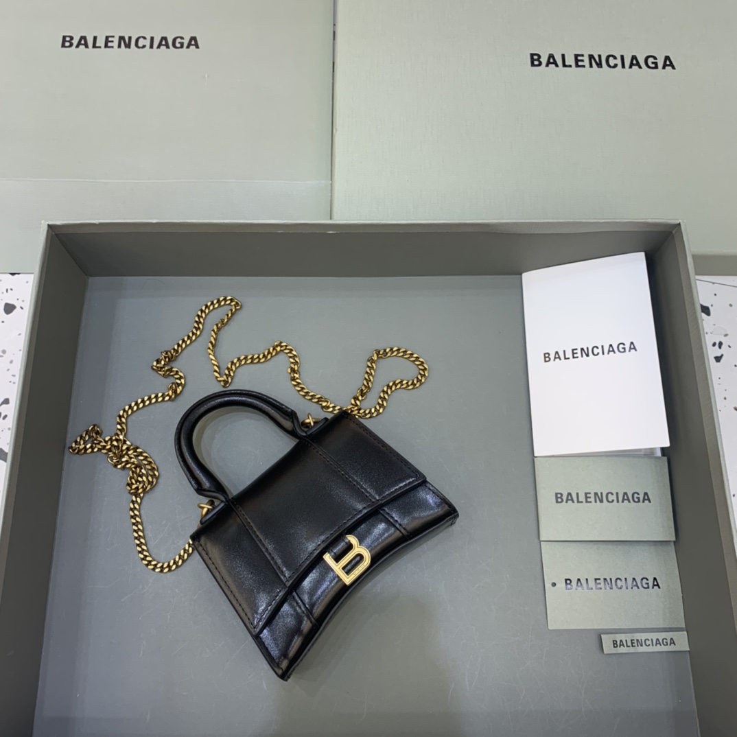 Balenciaga Hourglass Mini Handbag With Chain Calfskin Shoulder Bag Black